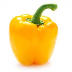 En elegant Paprika gul, Närodlad gul paprika med naturligt utseende och känsla. Detaljerad utformning med realistiskt bladverk. 